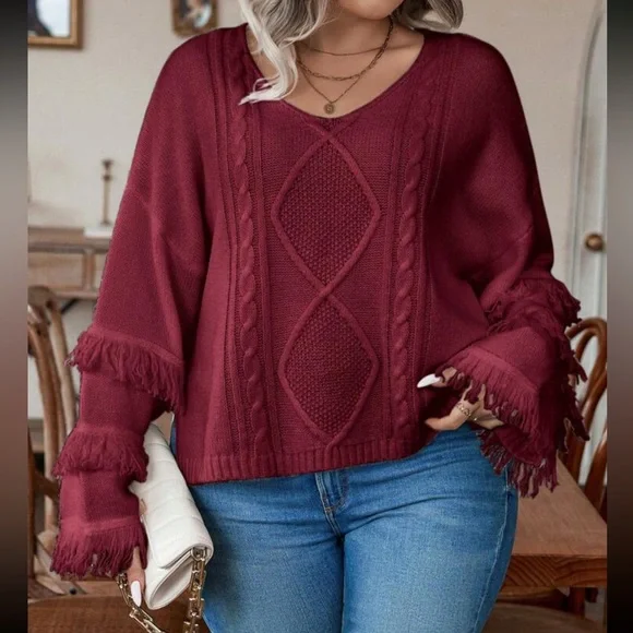 Plus size cozy fringe detail cable knit sweater top